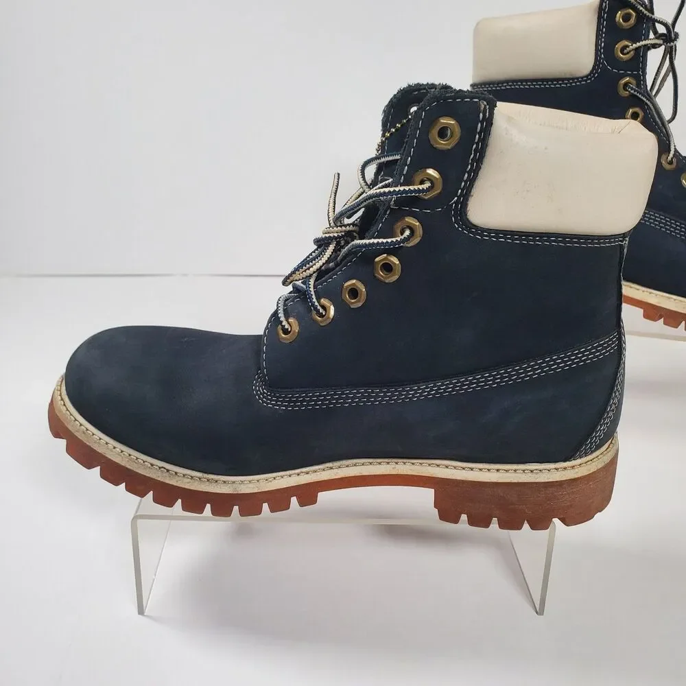 Timberland Men’s Premium 6-Inch Waterproof Boots 8.5M Navy Nubuck White Collar - Picture 5 of 16
